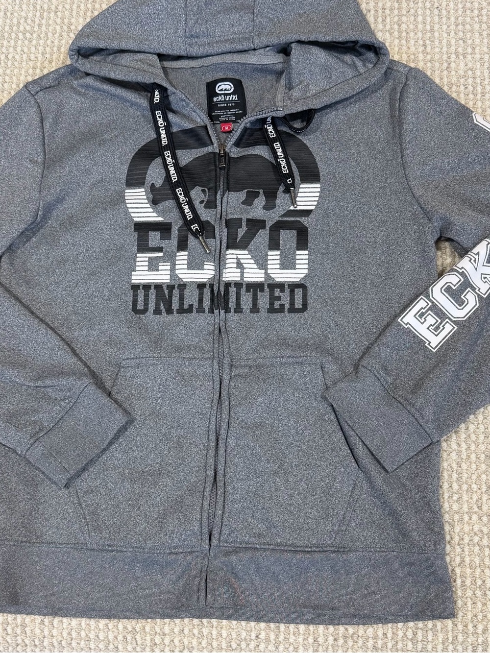 Ecko Unltd. Full Zip Hoodie Graphic Logo Hooded Men’s Medium Grey Pockets NEW